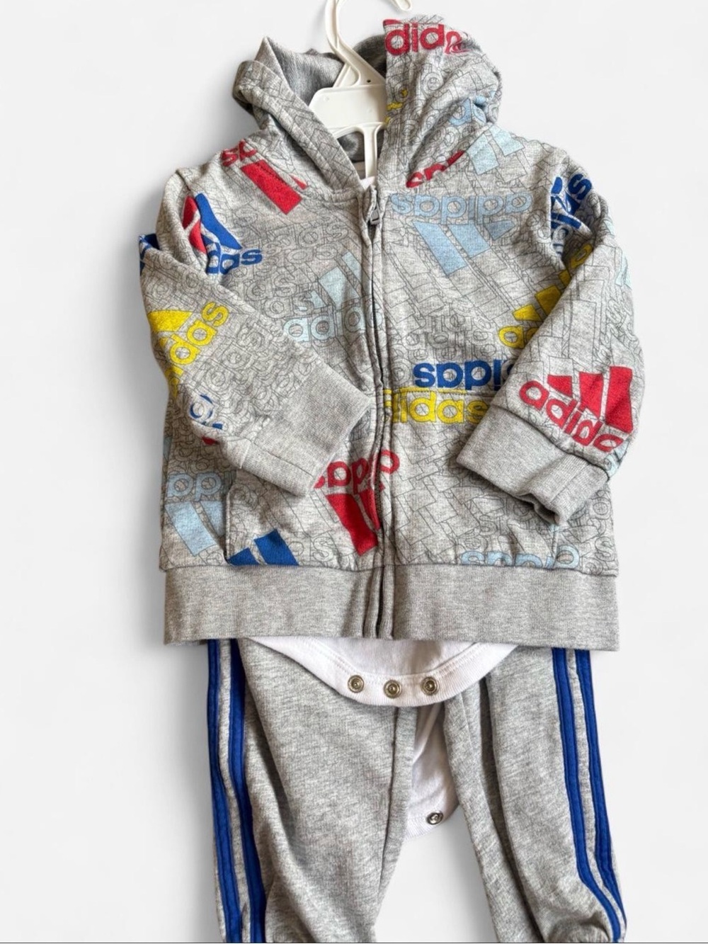 adidas Grey Hoodie & Joggers with Red Blue Yellow Logo Accents